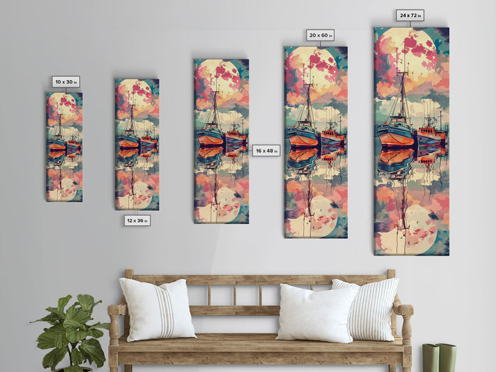 Canvas Print Colorful Fishing Boats Under Full Moon, Vibrant Coastal Scene For Nautical-Themed Home Decor, Wall Decoration