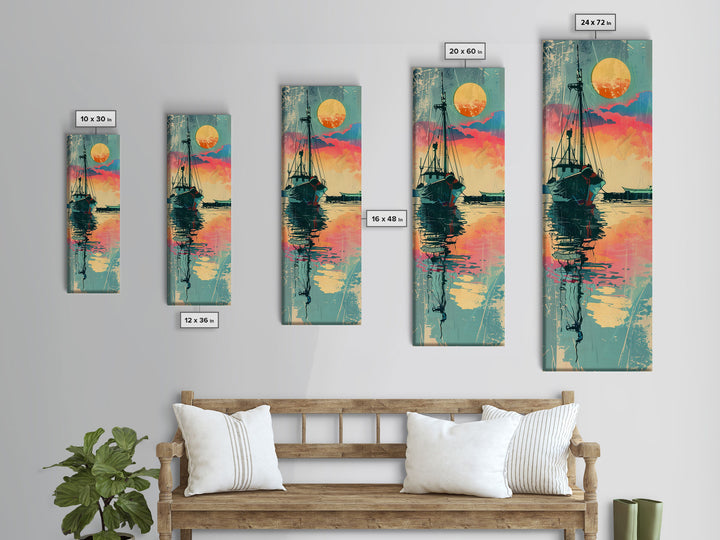 Fishing Boat Reflecting in Water with Vibrant Sunset, Japanese Art-Inspired Tall Framed Canvas Print for Wall Art