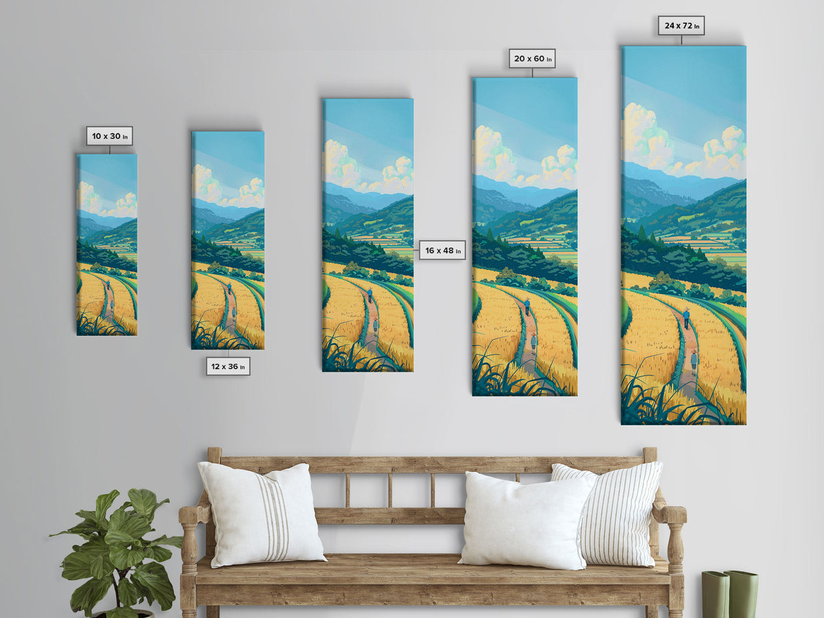 Scenic Countryside Pathway with Fields and Mountains, Skinny Framed Canvas Print for Wall Decor