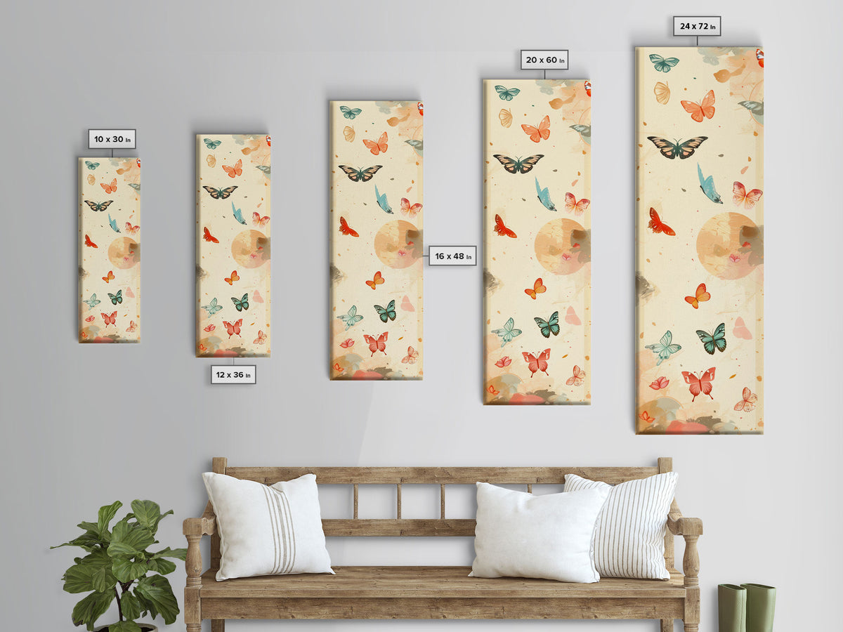 Colorful Butterflies Floating Across Light Background, Tall Framed Canvas Print for Wall Decor