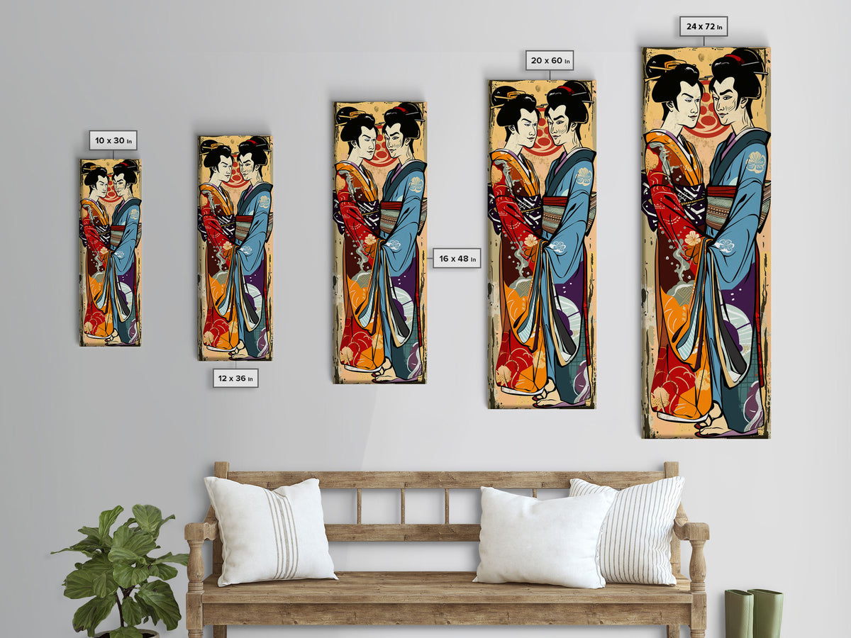 Japanese Couple in Traditional Kimono, Tall Skinny Framed Canvas Print for Wall Art