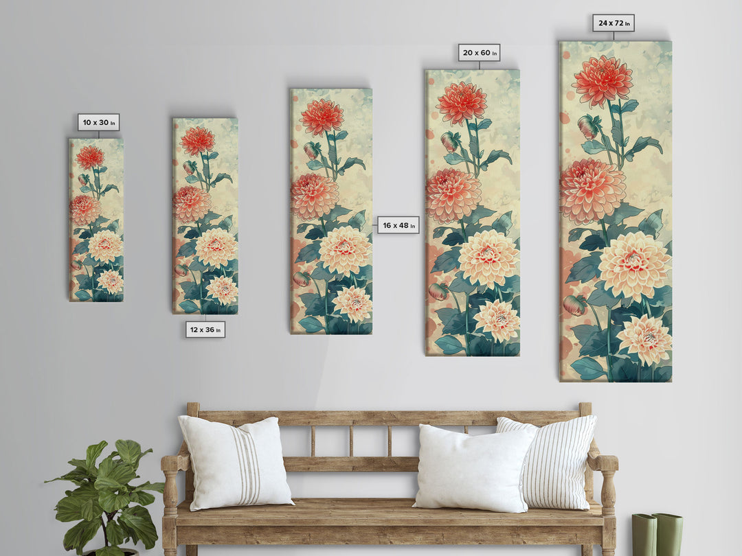 Chrysanthemums in Soft Pastel Tones on Tall Skinny Framed Canvas Print, Japanese Art Wall Decor