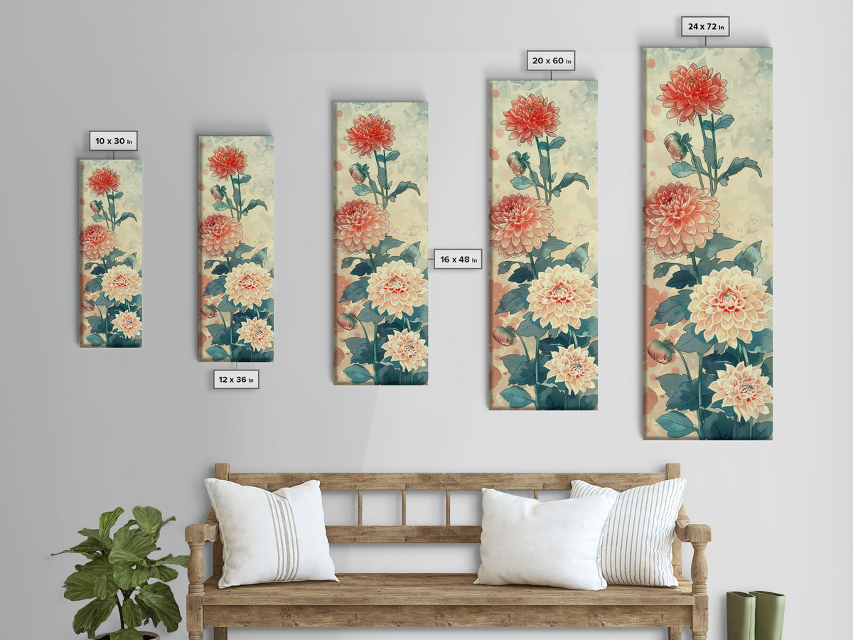 Chrysanthemums in Soft Pastel Tones on Tall Skinny Framed Canvas Print, Japanese Art Wall Decor