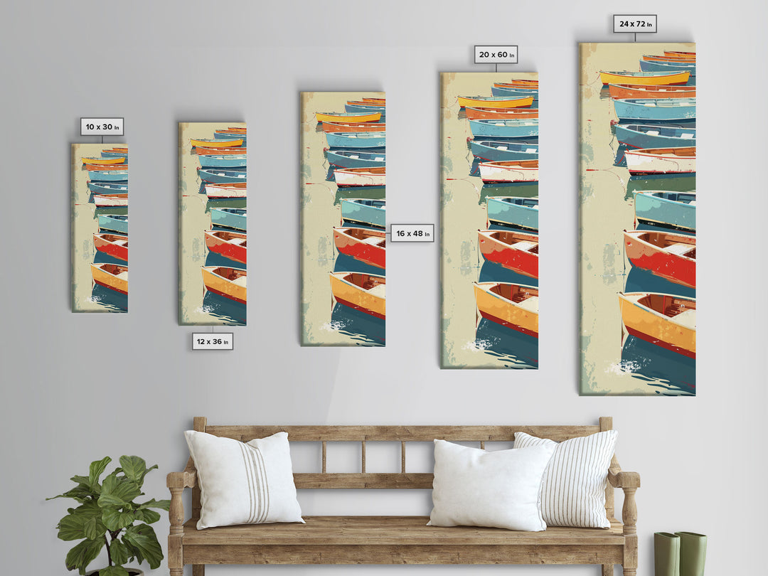 Row of Colorful Boats on Calm Water, Tall Skinny Framed Canvas Print for Nautical-Themed Wall Decor