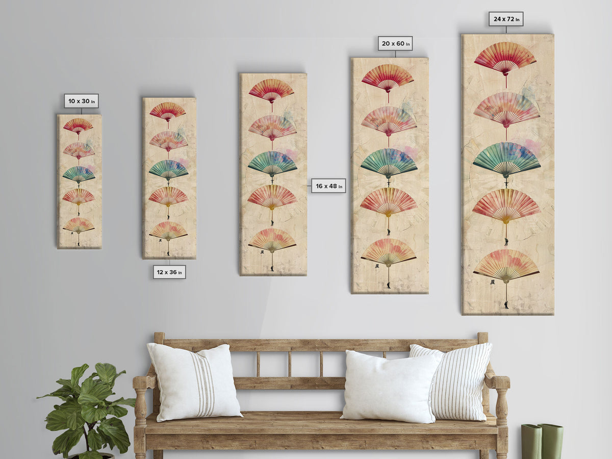 Japanese Folding Fans Cultural Art On Framed Canvas Print In Ukiyo-e Style Tall Skinny Traditional Wood Block Wall Decor