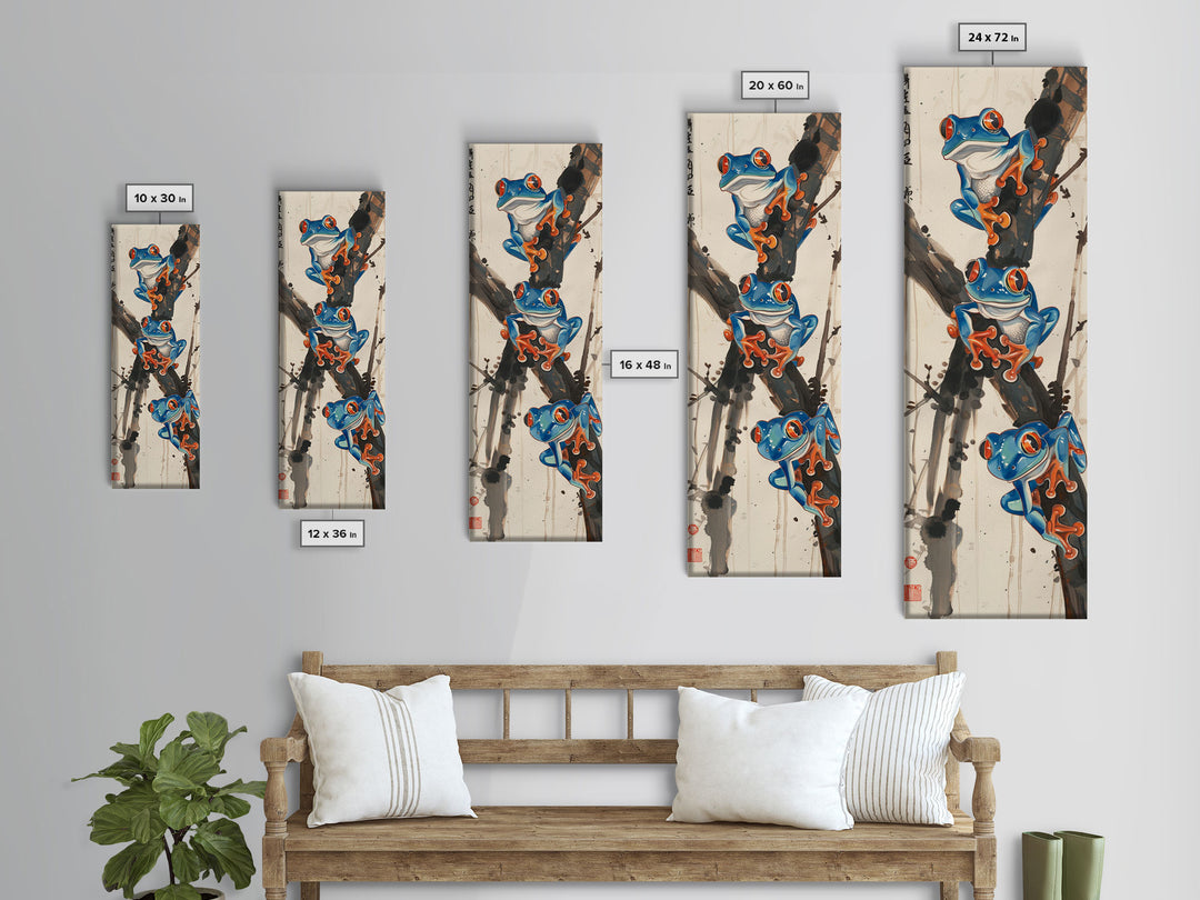 Three Blue Tree Frogs Branches Japanese Tall Wall Art Skinny Framed Canvas Print Ukiyo-e Style