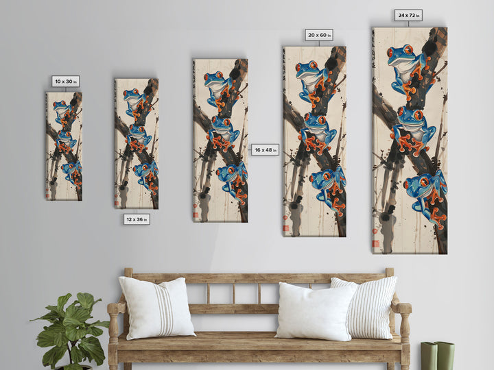 Three Blue Tree Frogs Branches Japanese Tall Wall Art Skinny Framed Canvas Print Ukiyo-e Style