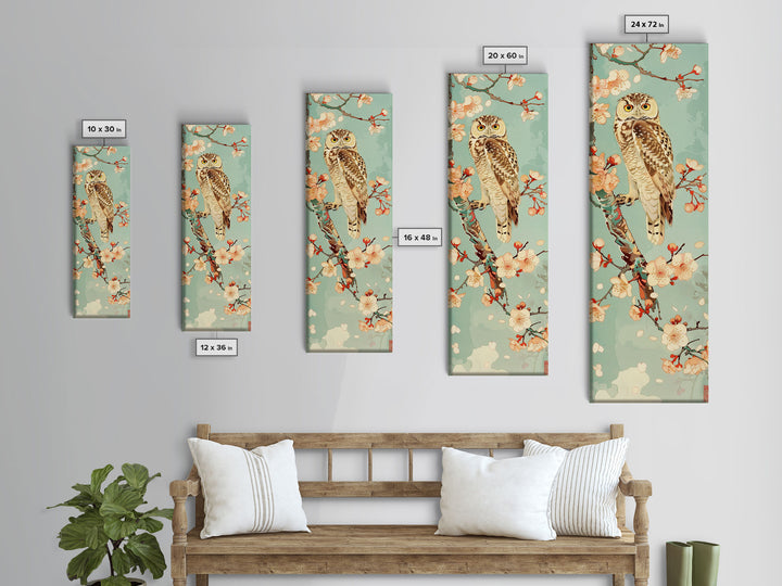 Owl Cherry Blossom Tree Traditional Japanese Tall Wall Art Skinny Framed Canvas Print Ukiyo-e Style