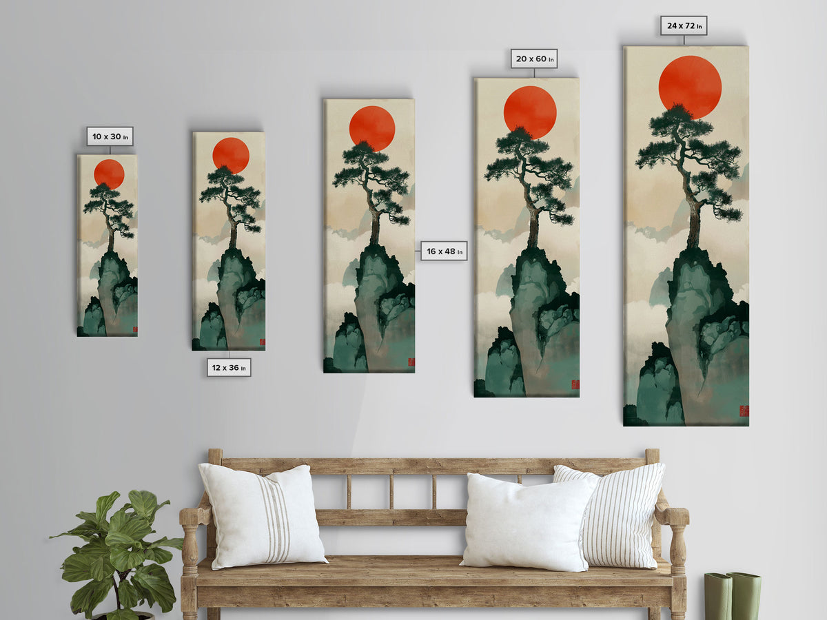 Bonsai Tree Mountain Red Sun Japanese Tall Wall Art Skinny Framed Canvas Print Ukiyo-e Style