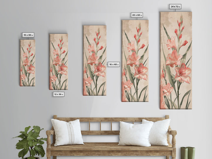 Canvas Print Soft Pink Gladiolus Flowers, Vintage-Inspired Floral Art For Bedroom Or Living Room, Romantic Wall Decoration