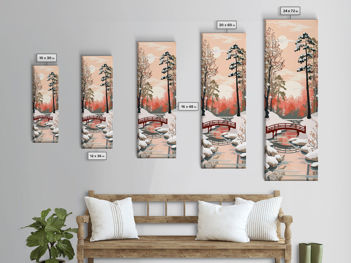 Serene Japanese Winter Landscape Highlighting A Red Bridge Snow-Covered Pines Under A Peaceful Sky Tall Framed Canvas Print Nature Scene