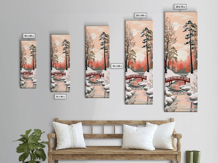 Serene Japanese Winter Landscape Highlighting A Red Bridge Snow-Covered Pines Under A Peaceful Sky Tall Framed Canvas Print Nature Scene