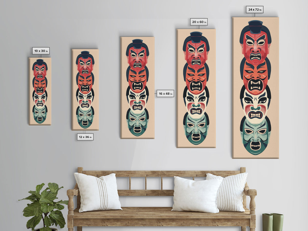 Bold Striking Japanese Kabuki Masks Vibrant Colors Depicted Traditional Style Tall Framed Canvas Print Cultural Home Decor