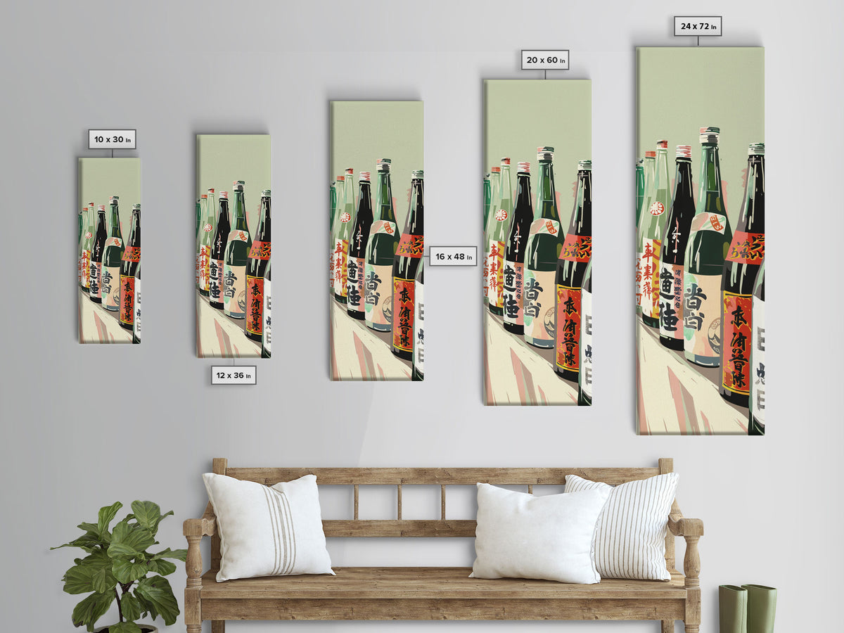 Array Of Japanese Sake Bottles With Minimalistic Labels Arranged Simple Composition Captured Tall Framed Canvas Print Bar Decor