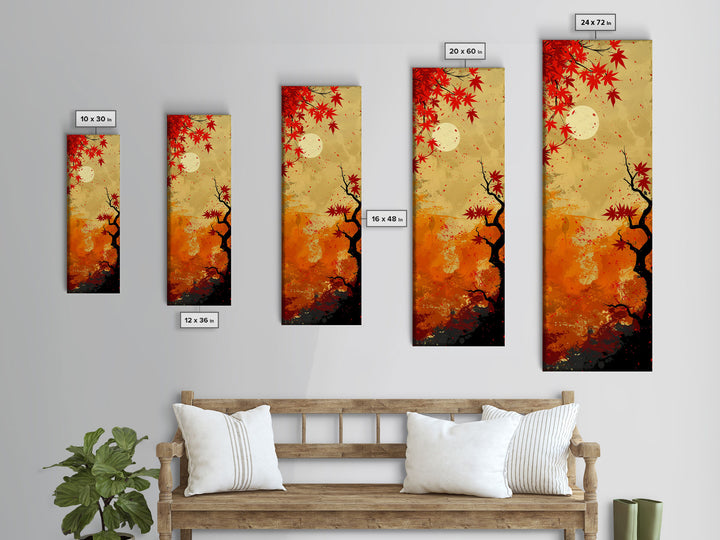 Dramatic Red Autumn Leaves Against Golden Sky Depicted Japanese Style Tall Framed Canvas Print Seasonal Wall Art