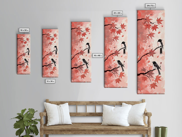 Red and Black Maple Leaves with Birds Perched on Branches Japanese Framed Canvas Print Ukiyo-e Art Skinny Tall Art