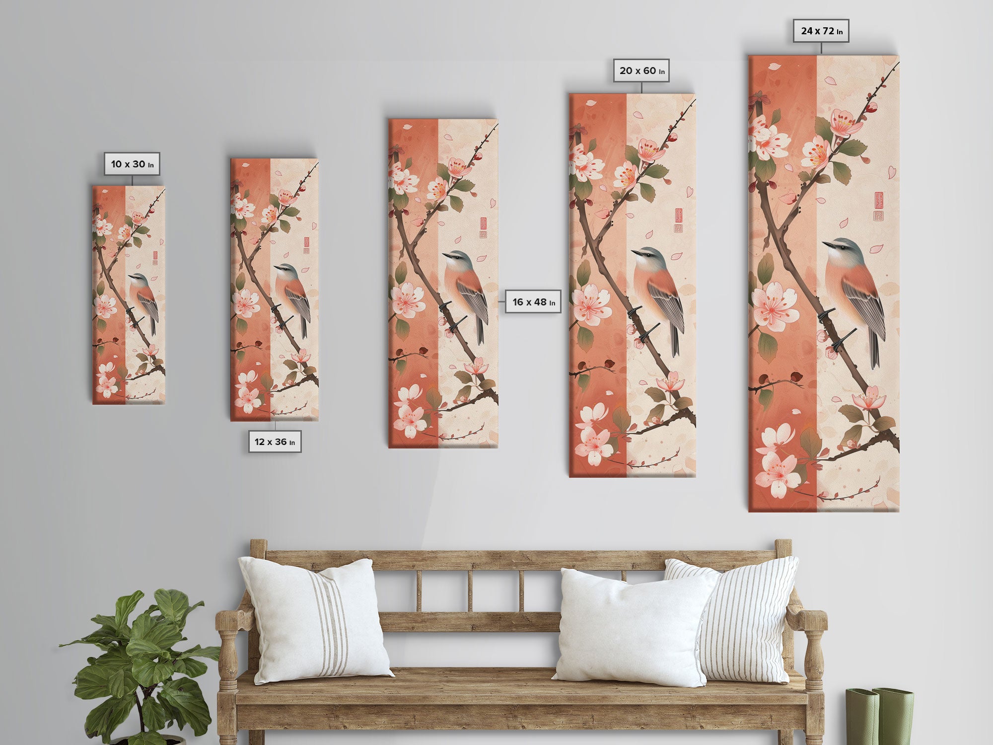 Japanese Bird Art Skinny Wall Art Framed Canvas Print Perched Bird on Branch with Cherry Blossoms and Petals in Soft Pastel Colors