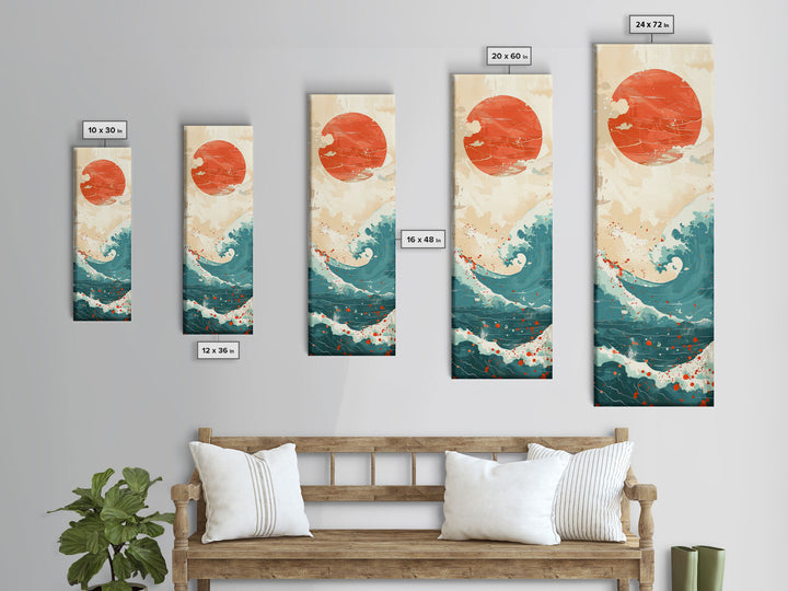 Red Sun and Ocean Waves Skinny Wall Art Framed Canvas Print in Cream and Teal Tones with Red Splashes Japanese Art