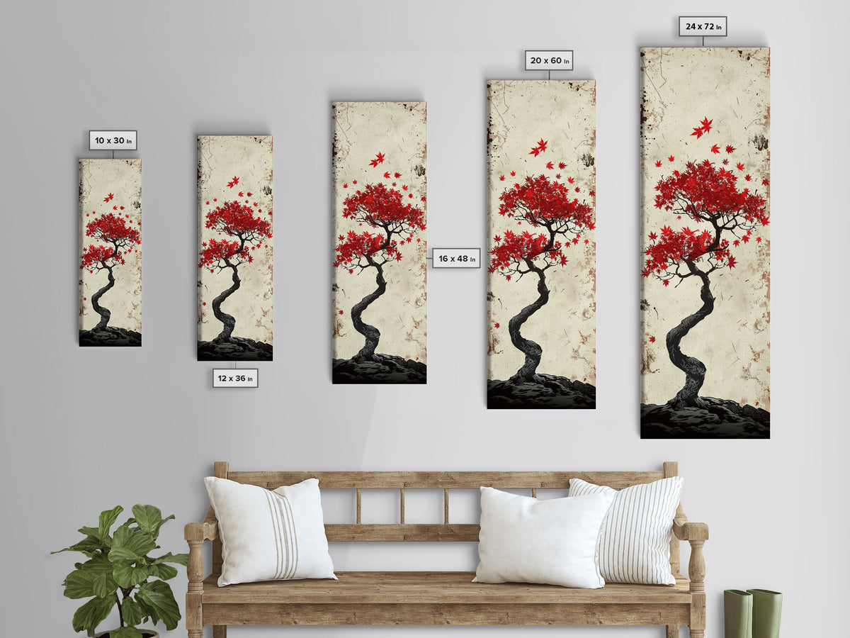 Red Maple Bonsai Tree Japanese Art Skinny Wall Art Framed Canvas Print with Windswept Branches and Red Leaves