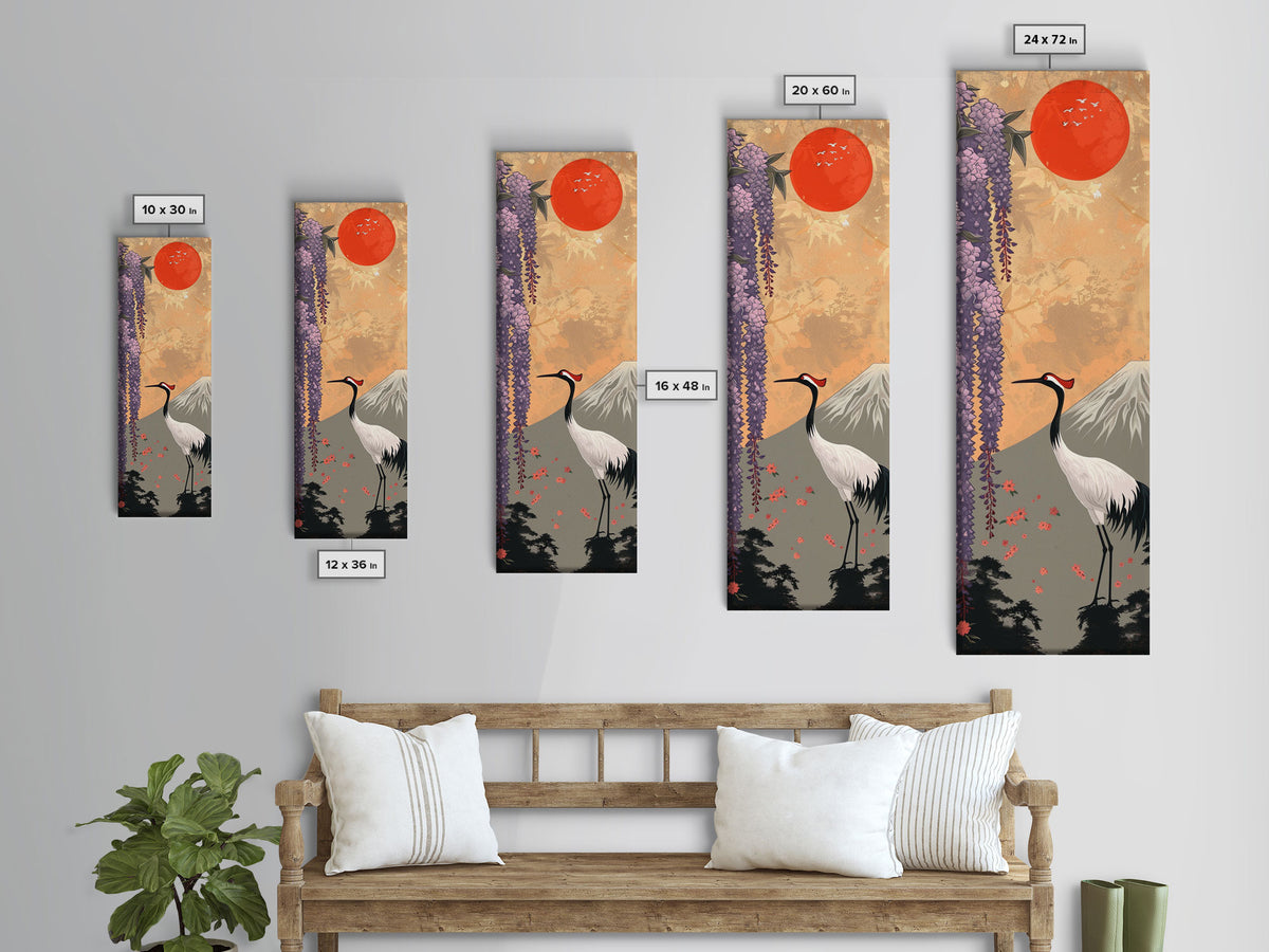 Japanese Crane Skinny Wall Art Framed Canvas Print in a Garden with Wisteria Flowers and Mount Fuji in the Background