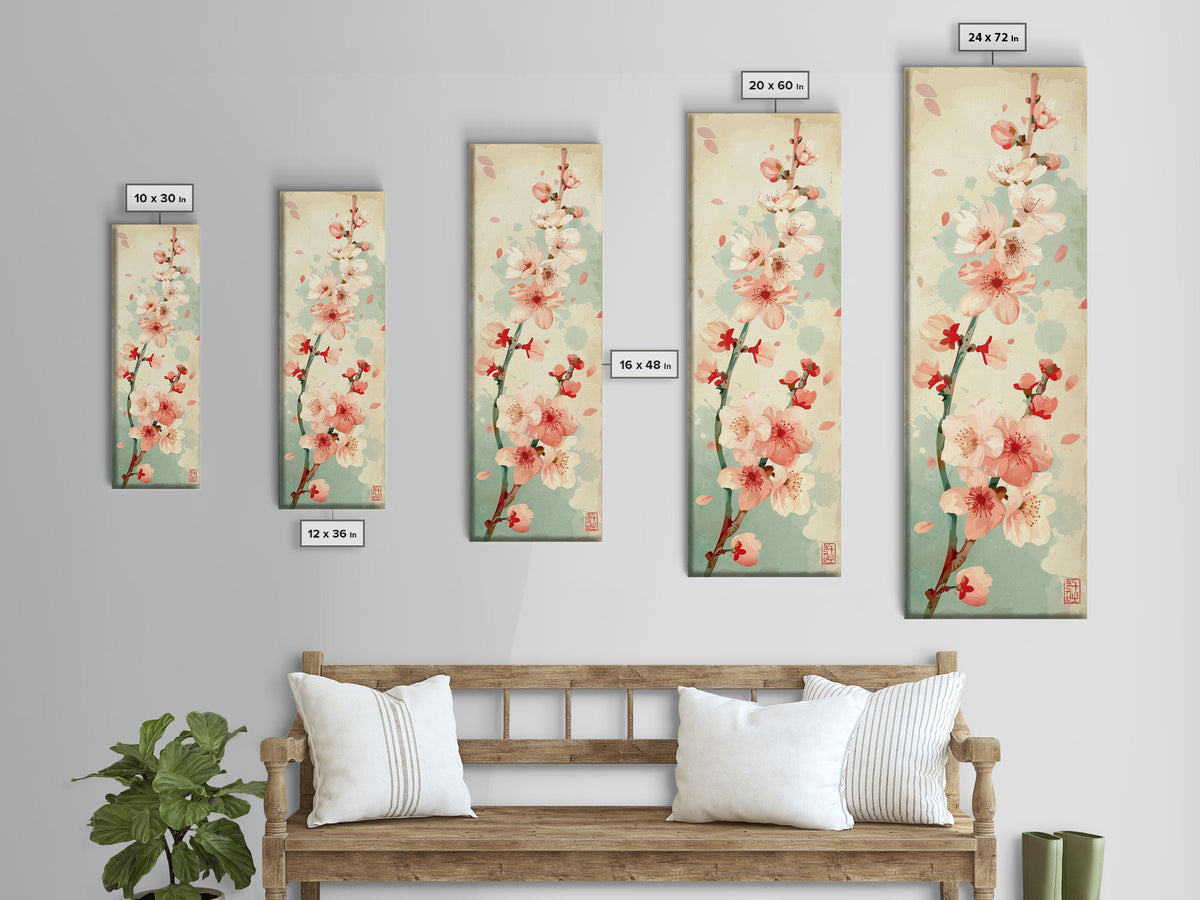 Cherry Blossom Japanese Art Skinny Wall Art Framed Canvas Print in Light Pastel Colors on Branch Against Subtle Green Background