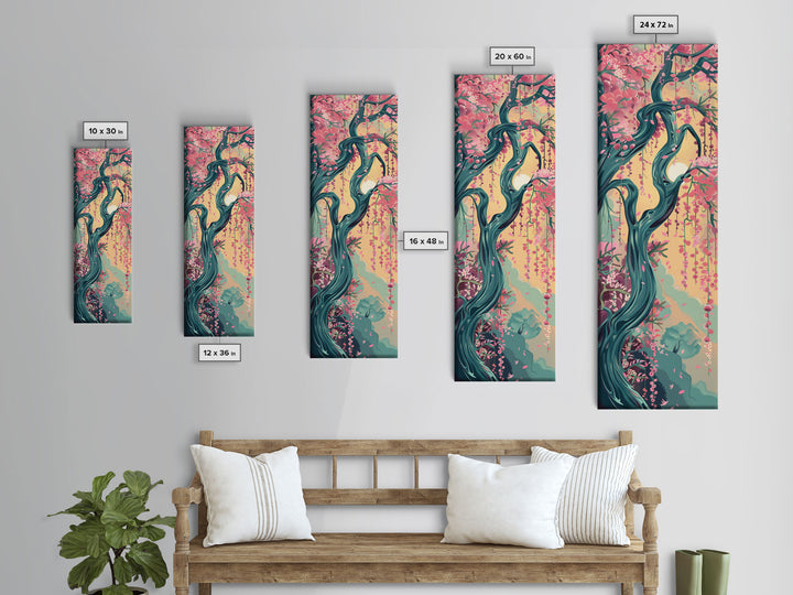 Japanese Garden Tree Skinny Wall Art Framed Canvas Print with Twisting Branches and Pink Blossoms in Warm Sunset Colors