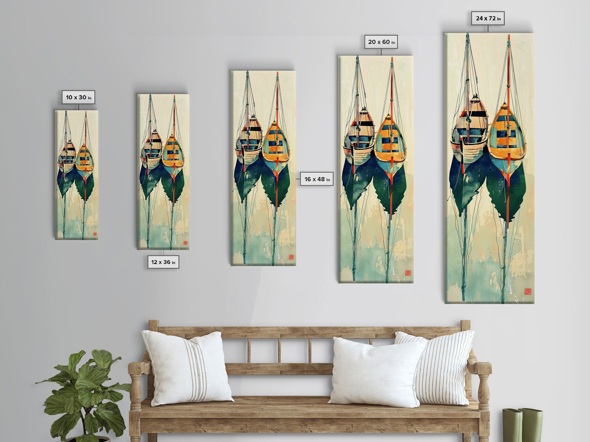 Reflective Calm Sailboats In The Harbor – Framed Canvas Print Featuring Skinny Art With Ukiyo-E Art And Japanese Style Art Tall Art Display