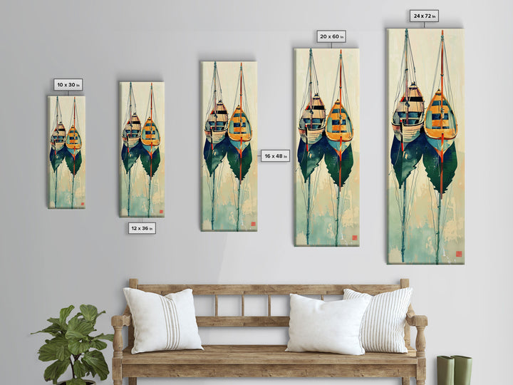 Reflective Calm Sailboats In The Harbor – Framed Canvas Print Featuring Skinny Art With Ukiyo-E Art And Japanese Style Art Tall Art Display