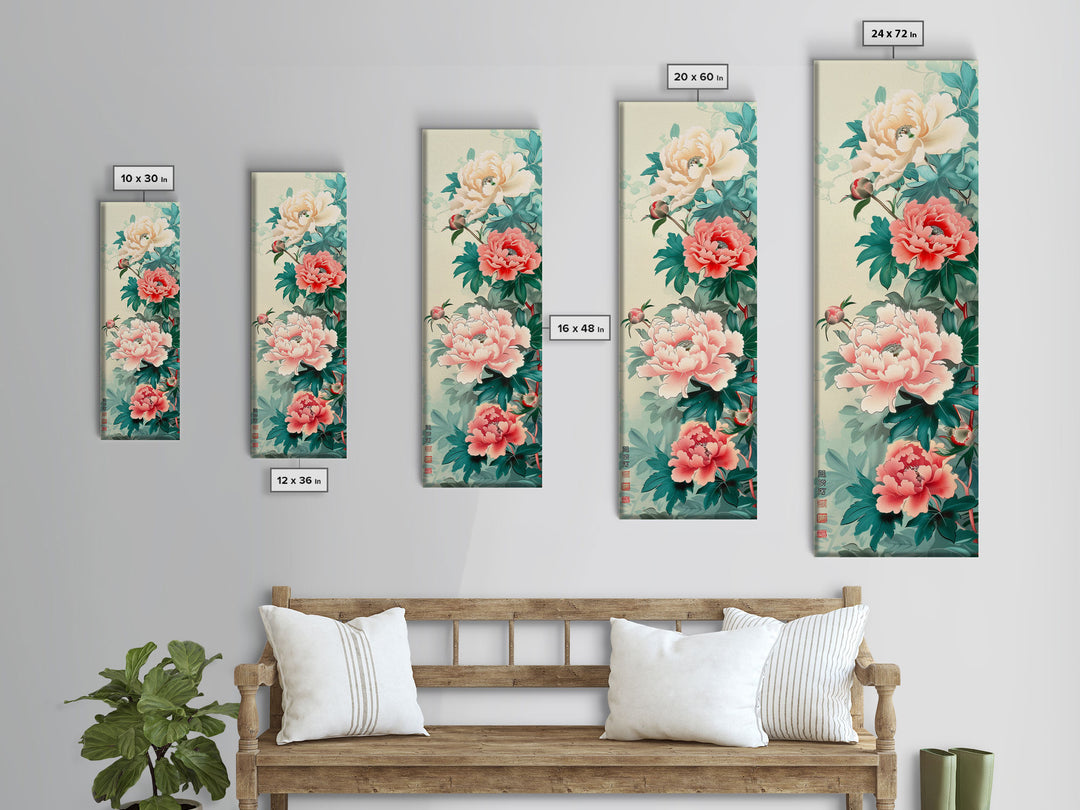 Japanese Style Art, Skinny Art, Tall Art, Peonies In Bloom Wood Block Print Framed Canvas Print Ukiyo-e Art