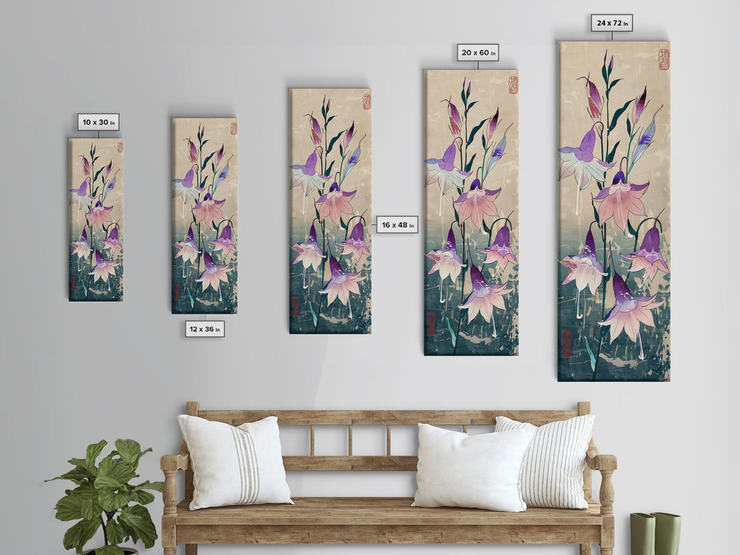 Tall Art Featuring Elegant Bellflowers In Soft Purples And Pinks Against A Muted Background, Skinny Art, Japanese Style Art, Ukiyo-e Art, Framed Canvas Print, Wood Block Print