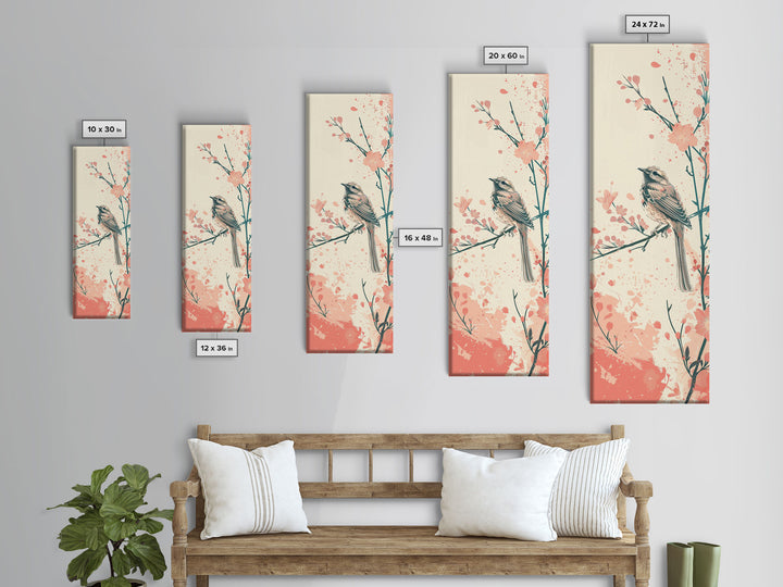 Perched Bird Among Blossoming Cherry Branches – Framed Canvas Print With Skinny Art And Tall Art Inspired By Ukiyo-E Art And Japanese Style Art