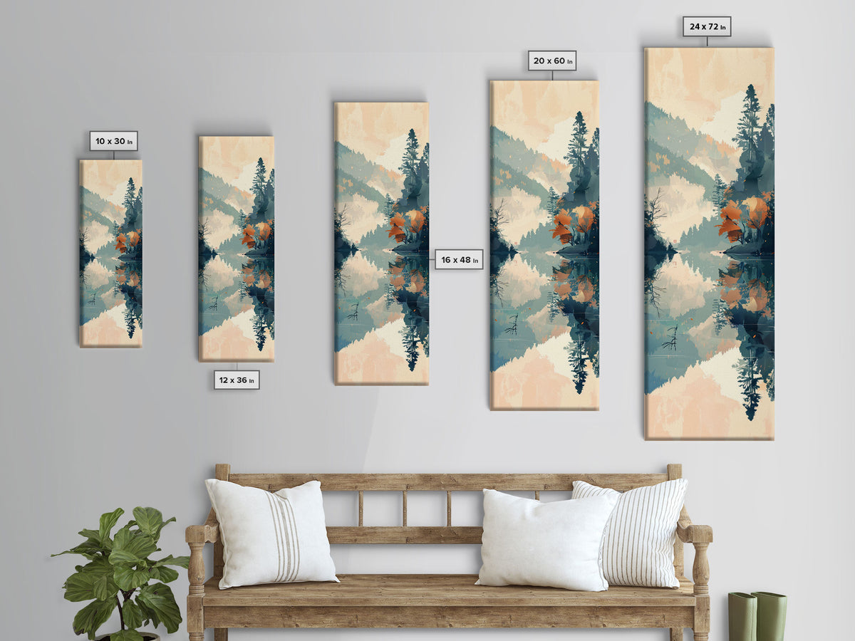 Ukiyo-e Art Depicting A Peaceful Lake Surrounded By Misty Mountains And Autumn Trees, Skinny Art, Tall Art, Framed Canvas Print, Japanese Style Art, Wood Block Print