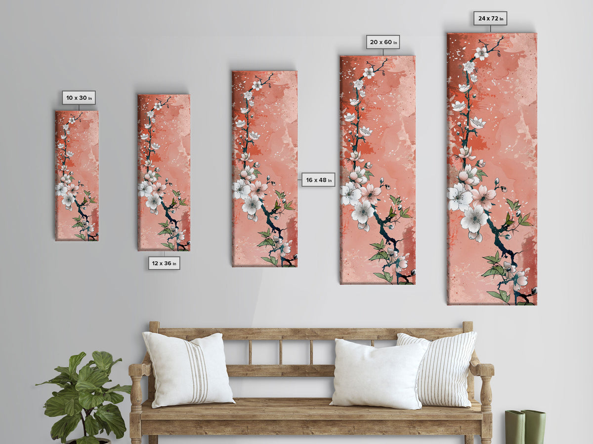 Skinny Art Tall Art Cherry Blossoms Wood Block Print Japanese Style Art With Delicate Branches On Soft Pink Background Framed Canvas Print