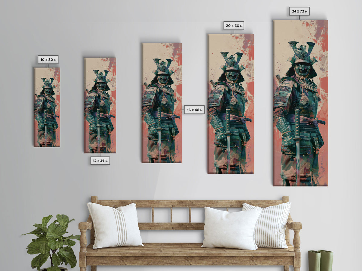 Skinny Art Tall Art Samurai Armor Wood Block Print Japanese Style Art Featuring Fierce Warrior In Full Battle Gear Framed Canvas Print
