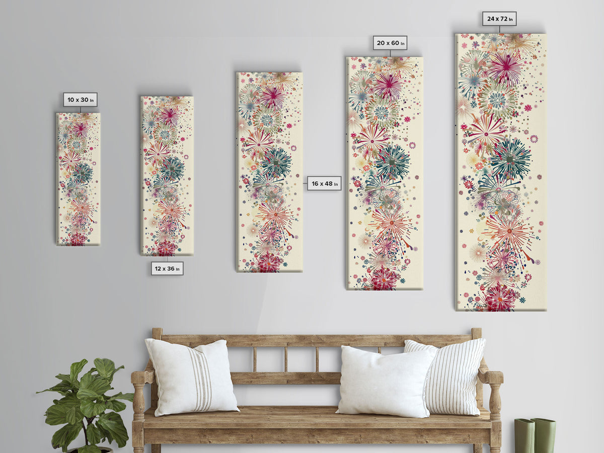 Skinny Art Tall Art Floral Burst Wood Block Print Japanese Style Art Vivid Explosions Of Colors Framed Canvas Print