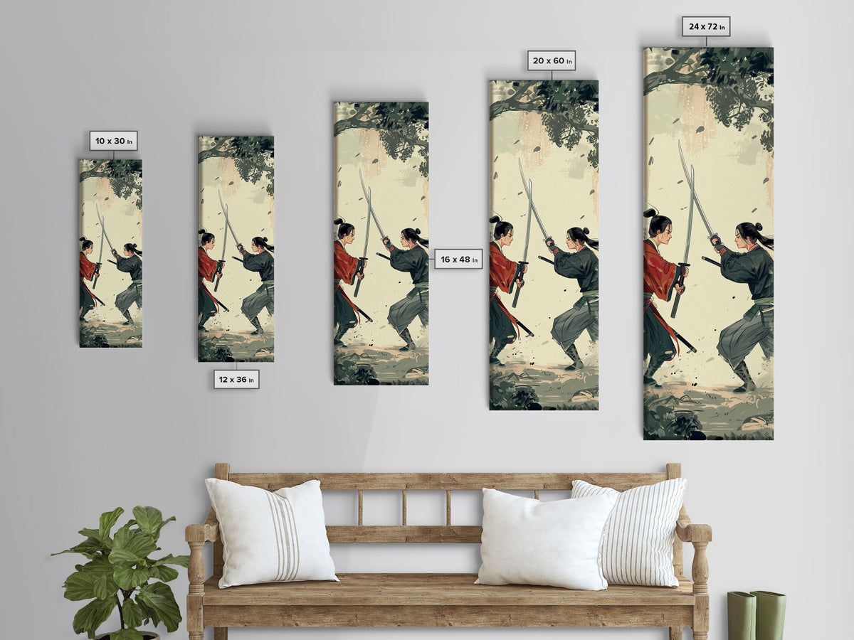 Skinny Art Tall Art Samurai Duel Wood Block Print Japanese Style Art Intense Battle Between Two Warriors Framed Canvas Print