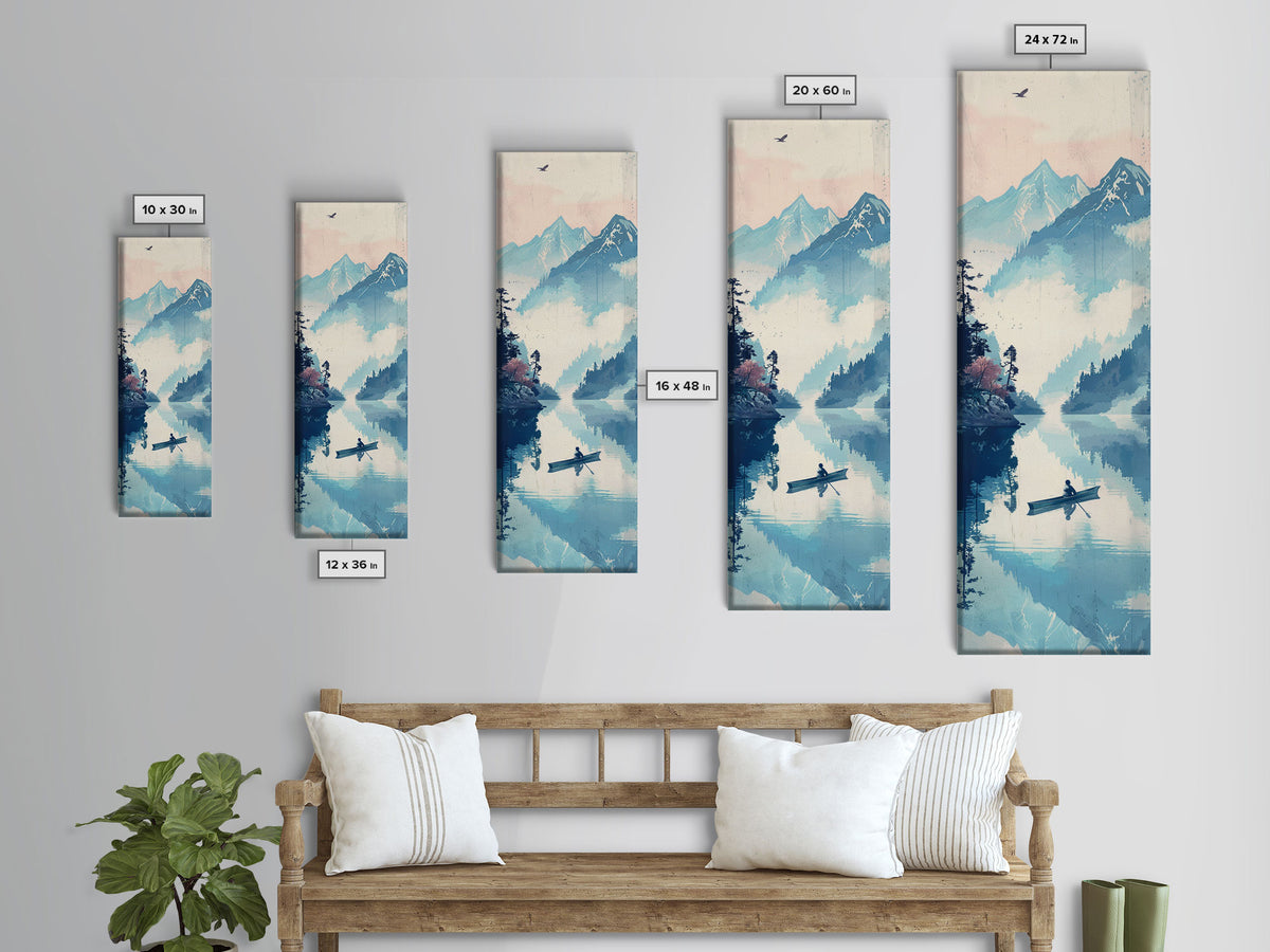 Serene Rowboat On A Misty Lake With Mountains – Framed Canvas Print Showcasing Skinny Art With Ukiyo-E Art And Japanese Style Art Tall Art