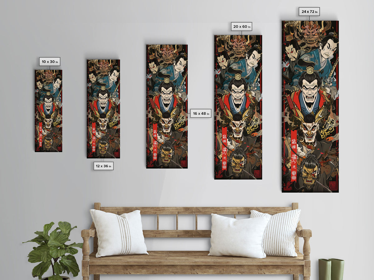 Fierce Samurai Warriors With Oni Mask Tall Art Ukiyo-e Art Wood Block Print Framed Canvas Print