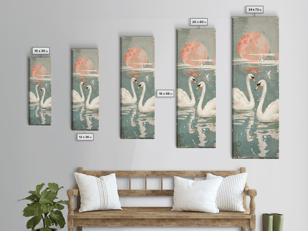 Graceful Swans With Peaceful Lake And Reflecting Sun Ukiyo-e Wood Block Skinny Tall Japanese Style Art Framed Canvas Print