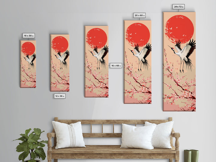 Elegant Crane Bird In Mid-flight Against Bold Red Sun Ukiyo-e Tall Skinny Wood Block Framed Canvas Print Japanese Style Art