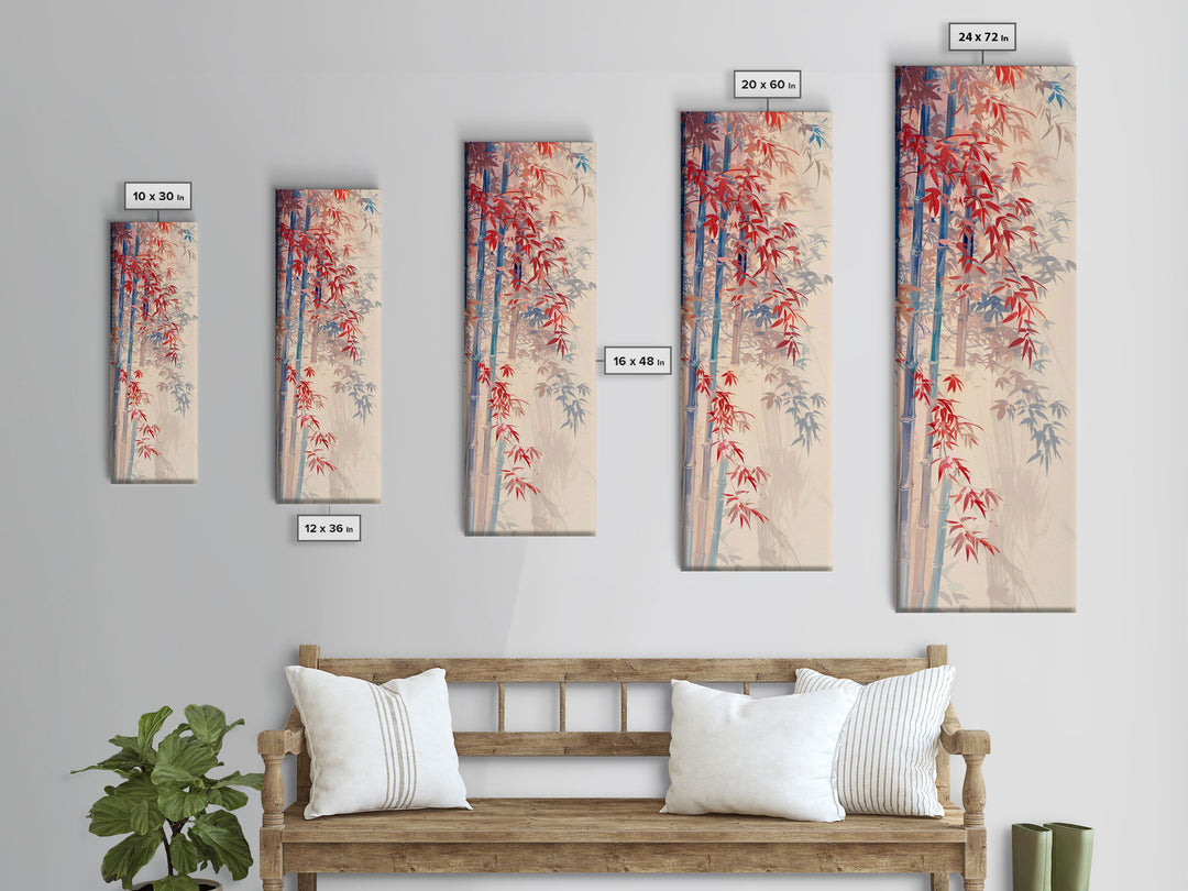 Graceful Bamboo Stalks And Red Leaves In Gentle Wind Ukiyo-e Tall Skinny Wood Block Framed Canvas Print Japanese Style Art