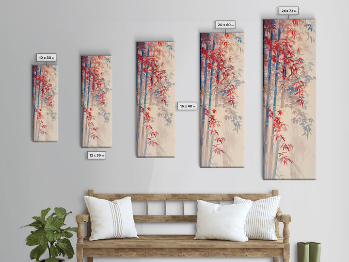 Graceful Bamboo Stalks And Red Leaves In Gentle Wind Ukiyo-e Tall Skinny Wood Block Framed Canvas Print Japanese Style Art