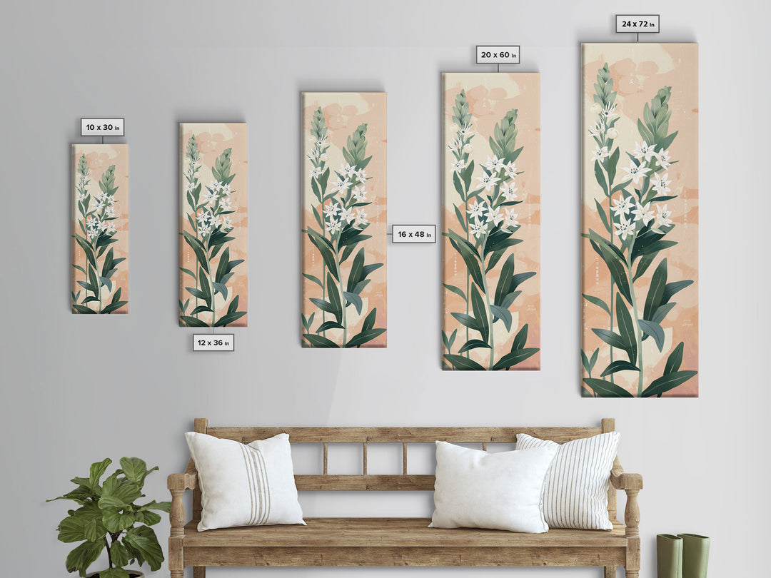 Elegant White Flowers On Tall Stems With Soft Background For Modern Wall Art Decor Ukiyo-e Japanese Style Art Framed Canvas Print