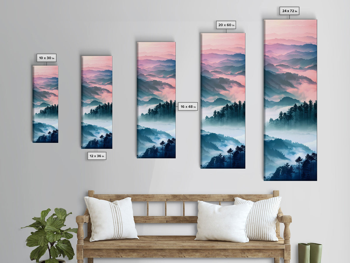 Dreamy Layers Of Misty Mountains At Dawn – Framed Canvas Print Skinny Art And Tall Art, Emphasizing Ukiyo-E Art And Japanese Style Art