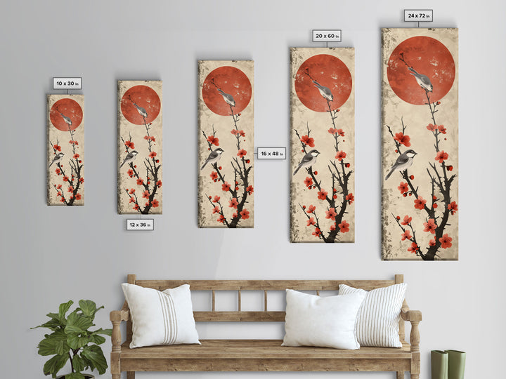 Delicate Birds Perched On Blooming Branch With Red Sun For Traditional Japanese Wall Art Decor Ukiyo-e Style Framed Canvas Print