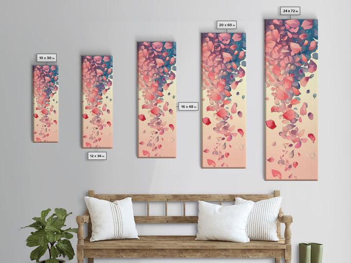 Cascading Pink Petals In Delicate Canvas, Tall Skinny Framed Wall Art For Feng Shui-Inspired Spaces, Japanese Style Art