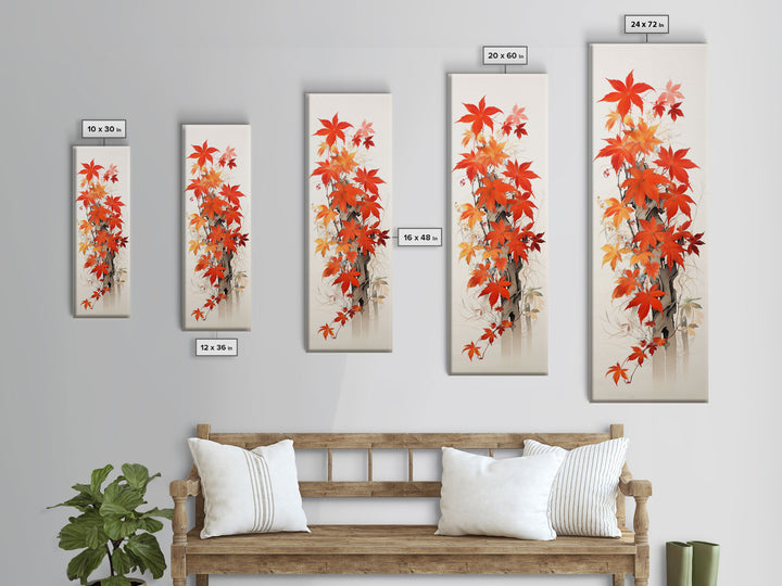Brilliant Red Leaves On A Twisted Tree, Framed Canvas Print In Skinny Tall Style, Ideal For Feng Shui Wall Art In Japanese Style Art