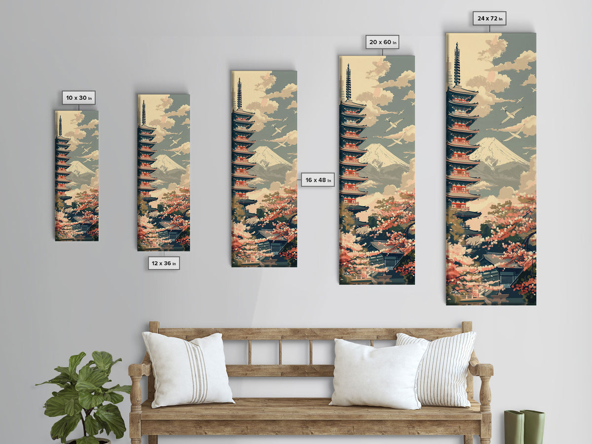 Japanese Pagoda With Mt Fuji And Cherry Blossoms – Framed Canvas Print Featuring Skinny Art Tall Art, Highlighting Ukiyo-E Art And Japanese Style Art