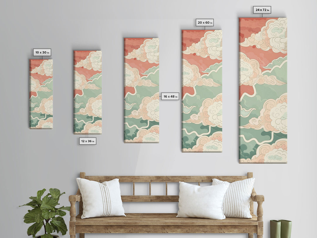 Traditional Japanese Cloud Design In Pastel Colors, Ukiyo-e Style Canvas, Framed Canvas Print, Tall Skinny Japanese Wall Art, Ready To Hang