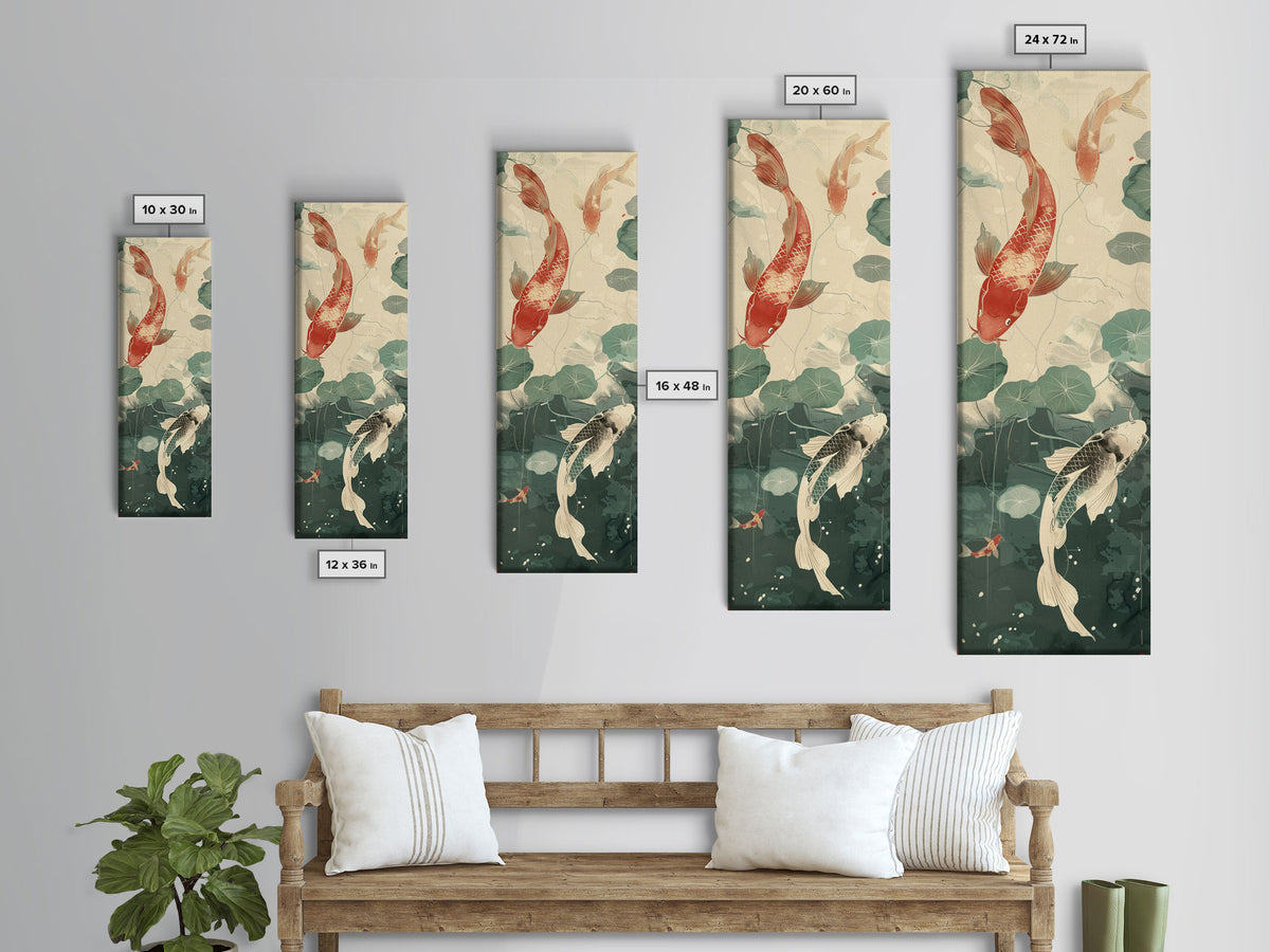 Koi Fish Swimming Among Lilypads In A Calm Pond – Framed Canvas Print Showcasing Skinny Art And Tall Art With Ukiyo-E Art And Japanese Style Art